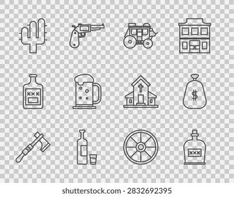 Set line Tomahawk axe, Alcohol drink Rum bottle, Western stagecoach, Whiskey and glass, Cactus, Wooden beer mug, Old wooden wheel and Money bag icon. Vector