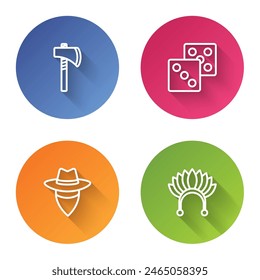 Set line Tomahawk axe, Game dice, Cowboy and Indian headdress with feathers. Color circle button. Vector