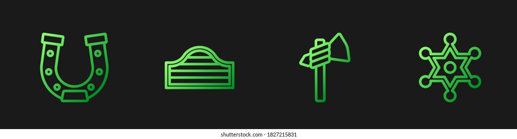 Ponga la línea de Taxi Tomahawk, Horseshoe, la puerta de Saloon y el sheriff Hexagram. Iconos de color de degradado. Vector