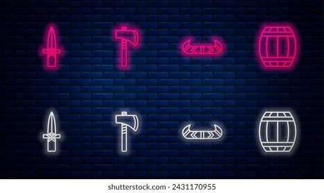 Línea de ajuste Hacha Tomahawk, Kayak o canoa y remo, Daga y cañón de polvo de pistola. Icono de neón brillante en la pared de ladrillo. Vector