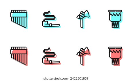 Fijar la línea de Taxo Tomahawk, Flauta Pan, Tubo de Humo e icono de Tambor. Vector