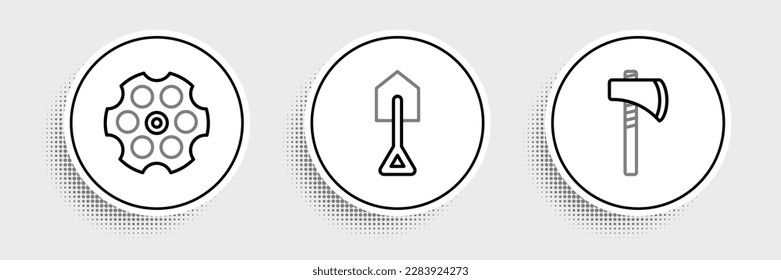 Set line Tomahawk axe, Revolver cylinder and Shovel icon. Vector