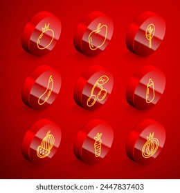 Set line Tomate, Apfel, Spinat, Aubergine, Kirsche, Wassermelone und Karotte Ikone. Vektorgrafik