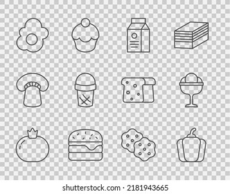 Set line Tomato, Bell pepper, aper package for milk, Burger, Scrambled egg, Ice cream in waffle, Cracker biscuit and the bowl icon. Vector