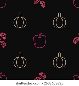 Fije la línea de tomate, ajo y manzana en un patrón sin fisuras. Vector