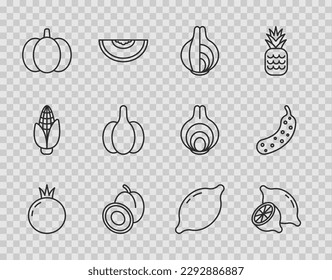 Set line Tomato, Lemon, Onion, Plum fruit, Pumpkin, Garlic,  and Fresh cucumber icon. Vector