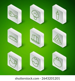 Set line Tomato, Muffin, Chicken leg, Jelly cake, Bread loaf, Broccoli, Jug glass with milk and Watermelon icon. Vector