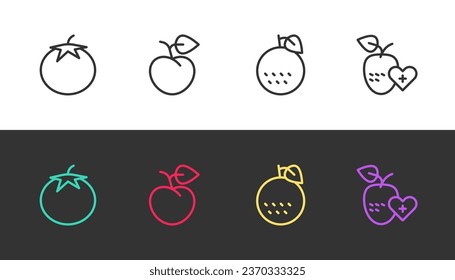 Set line Tomato, Peach fruit or nectarine, Orange and Healthy on black and white. Vector