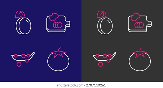 Set line Tomato, Peas, Cutting board with vegetables and Plum fruit icon. Vector