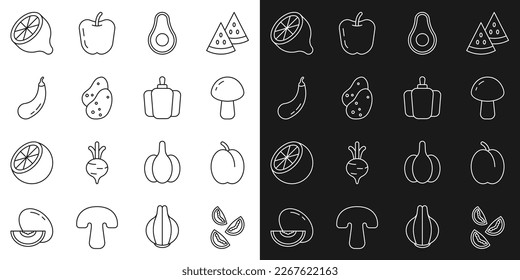 Set line Tomato, Plum fruit, Mushroom, Avocado, Potato, Eggplant, Lemon and Bell pepper icon. Vector