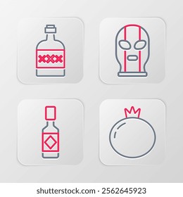 Set line Tomato, Tabasco sauce, Mexican wrestler and Tequila bottle icon. Vector