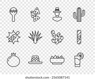 Set line Tomato, Tequila glass with lemon, Mexican man sombrero, Maracas, Agave, Nachos in bowl and Cigar icon. Vector