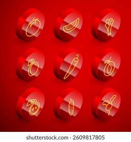 Set line Tomato, Watermelon, Leek, Plum fruit, Hot chili pepper, Pear and Cucumber icon. Vector