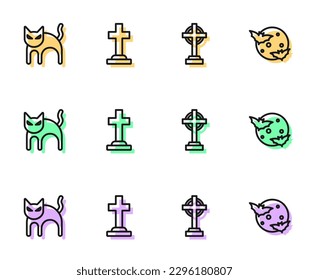 Set line Tombstone with cross, Black cat,  and Moon and stars icon. Vector