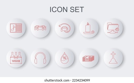 Set line Tombstone with cross, Bottles of wine in box, Electric car, Paper money dollars cash, Music book note, Cars, Headphones and Water drop percentage icon. Vector