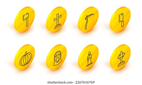 Set line Tombstone with cross, Burning candle, Funny scary ghost mask for Halloween, Pumpkin, Meat chopper, Scythe,  and Wooden axe icon. Vector