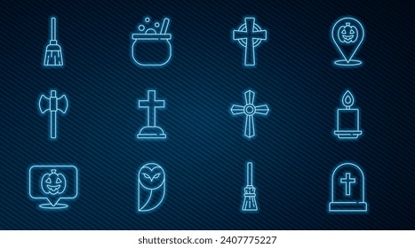 Set line Tombstone with cross, Burning candle, Wooden axe, Witches broom,  and Halloween witch cauldron icon. Vector