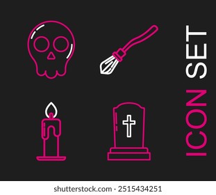 Set line Tombstone with cross, Burning candle, Witches broom and Skull icon. Vector