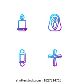 Fijar la línea Tombstone con cruz, Candy, vela quemante y la máscara fantasma de miedo divertida. Iconos de color de degradado. Vector