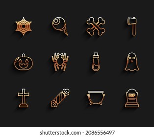 Set line Tombstone with cross, Candy, Spider web, Halloween witch cauldron, RIP, Ghost and Bottle potion icon. Vector
