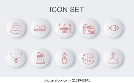 Set line Tombstone with cross, Christian chain, Muslim Mosque, Moon, Stack hot stones, Jewish kippah star of david, Stage stand or tribune and Monk icon. Vector