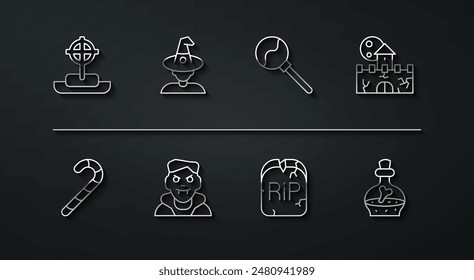 Set line Tombstone with cross, Christmas candy cane, Castle, fortress, RIP written, Vampire, Witch, Bottle potion and Lollipop icon. Vector