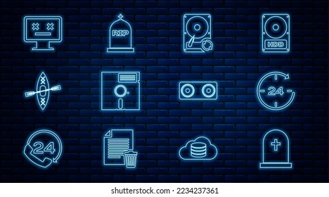 Set line Tombstone with cross, Clock 24 hours, Hard disk drive HDD sync refresh, Floppy in the 5.25-inch, Kayak and paddle, Dead monitor, Stereo speaker and RIP written icon. Vector
