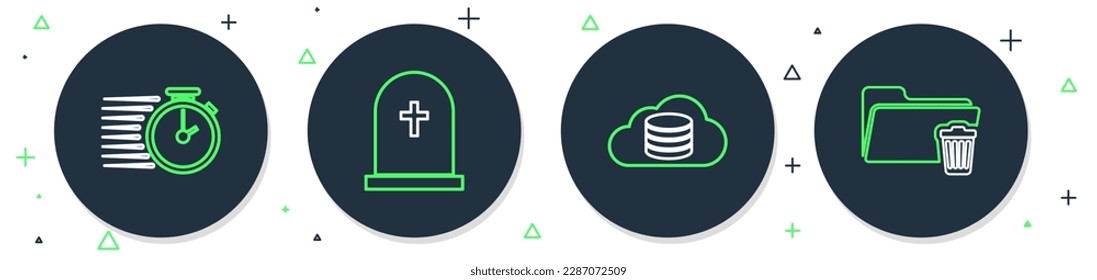 Set line Tombstone with cross, Cloud database, Stopwatch and Delete folder icon. Vector