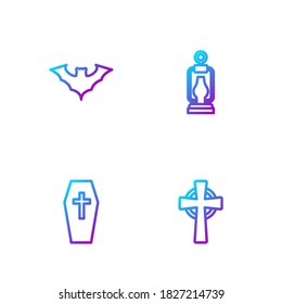 Set line Tombstone with cross, Coffin, Flying bat and Camping lantern. Gradient color icons. Vector