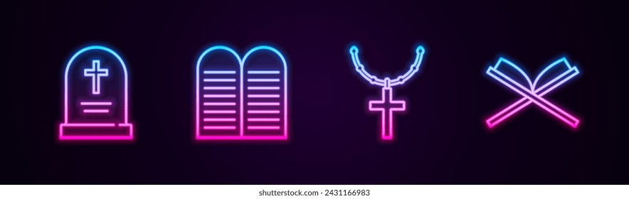 Set line Tombstone with cross, The commandments, Christian chain and Holy book of Koran. Glowing neon icon. Vector