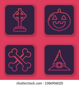 Set line Tombstone with cross , Crossed bones , Pumpkin  and Witch hat . Blue square button. Vector