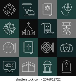 Set line Tombstone with cross, Easter egg, Jewish calendar, torah book, Church building, Dharma wheel, Yin Yang and Decree, paper, parchment, scroll icon. Vector