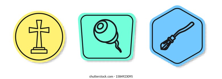 Set line Tombstone with cross , Eye  and Witches broom . Colored shapes. Vector
