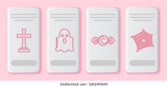 Set line Tombstone with cross , Ghost , Candy  and Spider web . White rectangle button. Vector
