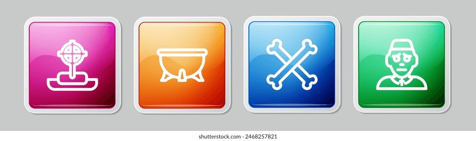 Set line Tombstone with cross, Halloween witch cauldron, Crossed bones and Priest. Colorful square button. Vector