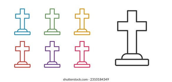 Set line Tombstone with cross icon isolated on white background. Grave icon. Happy Halloween party. Set icons colorful. Vector