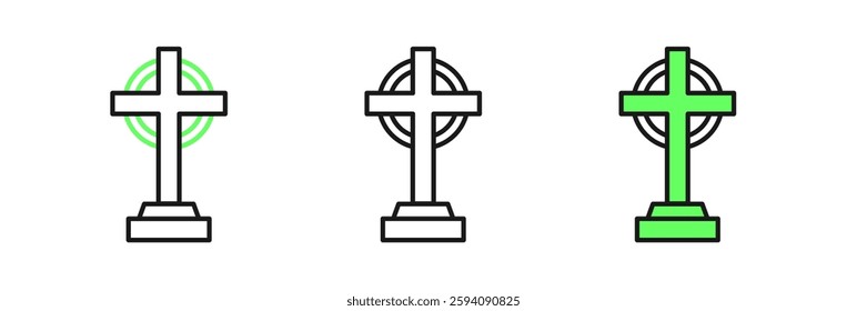 Set line Tombstone with cross icon isolated on white background. Grave icon. Happy Halloween party.  Vector