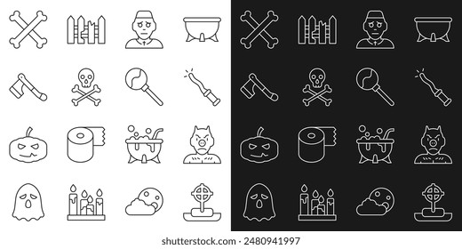 Set line Tombstone with cross, Krampus, heck, Magic wand, Priest, Skull crossbones, Wooden axe, Crossed and Lollipop icon. Vector