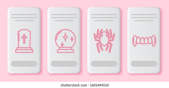 Set line Tombstone with cross , Magic ball , Spider  and Vampire teeth . White rectangle button. Vector