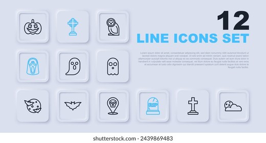 Set line Tombstone with cross, Moon and stars, Ghost, RIP written, Funny scary ghost mask, Flying bat,  and Skull icon. Vector