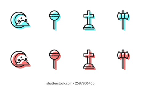 Set line Tombstone with cross, Moon and stars, Lollipop and Wooden axe icon. Vector