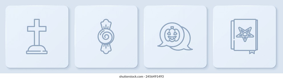 Set line Tombstone with cross, Pumpkin, Candy and Ancient magic book. White square button. Vector