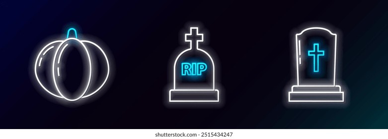 Set line Tombstone with cross, Pumpkin and RIP icon. Glowing neon. Vector