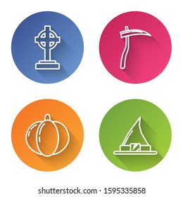 Set line Tombstone with cross , Scythe , Pumpkin  and Witch hat . Color circle button. Vector