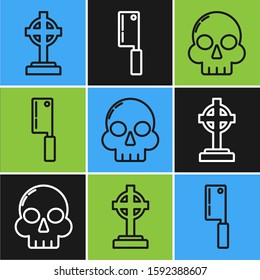 Set line Tombstone with cross , Skull  and Meat chopper  icon. Vector
