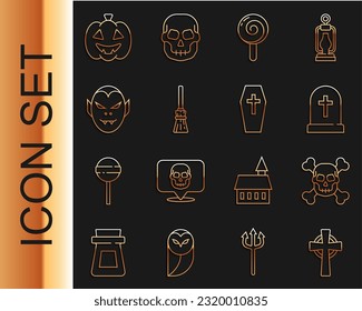 Set line Tombstone with cross, Skull crossbones, Lollipop, Witches broom, Vampire, Pumpkin and Coffin icon. Vector