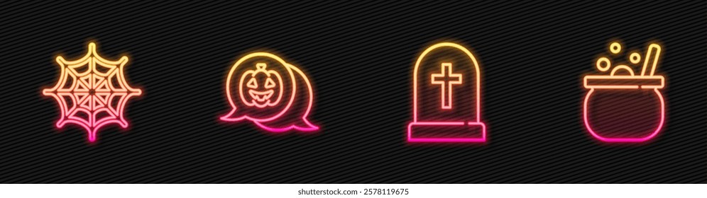 Set line Tombstone with cross, Spider web, Pumpkin and Halloween witch cauldron. Glowing neon icon. Vector