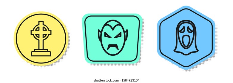 Set line Tombstone with cross , Vampire  and Funny and scary ghost mask for Halloween . Colored shapes. Vector