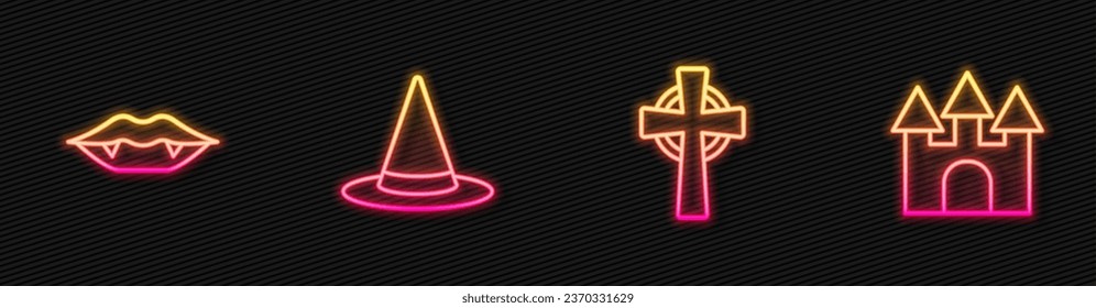 Set line Tombstone with cross, Vampire teeth, Witch hat and Castle. Glowing neon icon. Vector