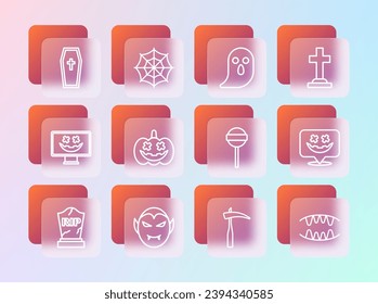 Fijar la línea Tombstone con cruz, Vampire, Lollipop, Scythe, Pumpkin, Ghost, Coffin cristiano e icono de la web Spider. Vector